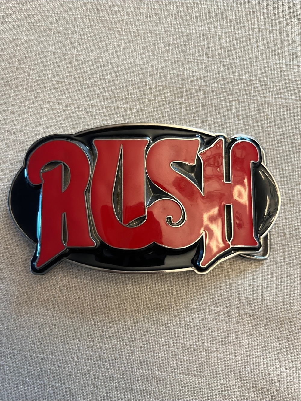 RUSH Logo Metal Belt Buckle - Red on Black
